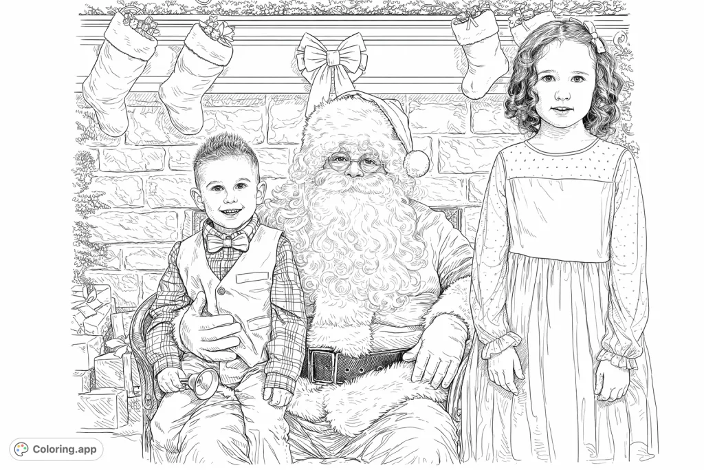 Celebrate the holidays with Santa and two cheerful children in a cozy, detailed scene. Perfect for capturing the festive spirit and creating memorable family moments.