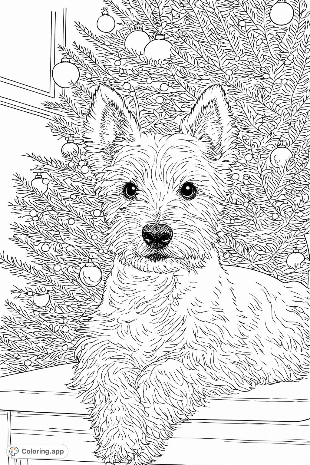 A charming coloring page featuring a fluffy terrier dog in a festive setting, perfect for bringing holiday cheer with your creative touch.