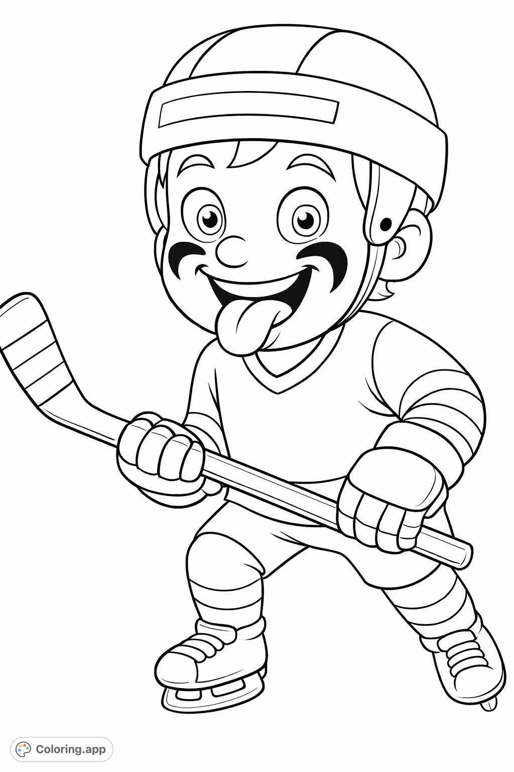 A cheerful cartoon hockey player in full gear, holding a stick, ready for action! This dynamic hockey coloring page is perfect for sports fans.