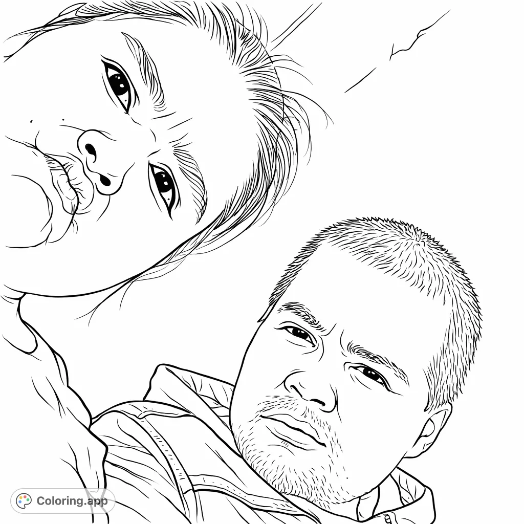 Capture the playful interaction of two individuals in a unique, low-angle portrait. This expressive duo offers fun details for imaginative coloring.