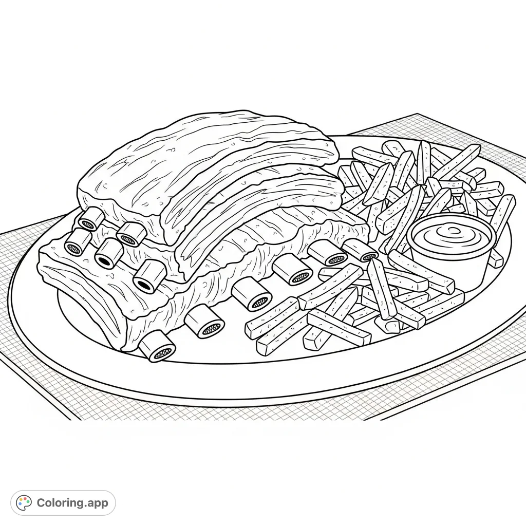 Indulge your appetite with this barbeque ribs and french fries coloring page. Features delicious ribs with intricate textures and crispy fries for a satisfying coloring experience.