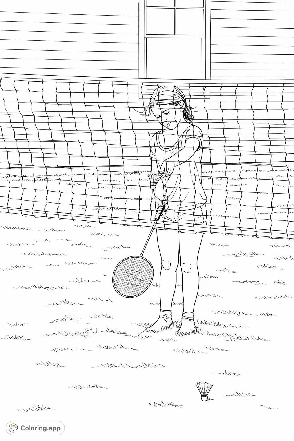 A cheerful girl prepares to serve a shuttlecock in a game of badminton on a sunny lawn. A fun sports coloring page for active kids.