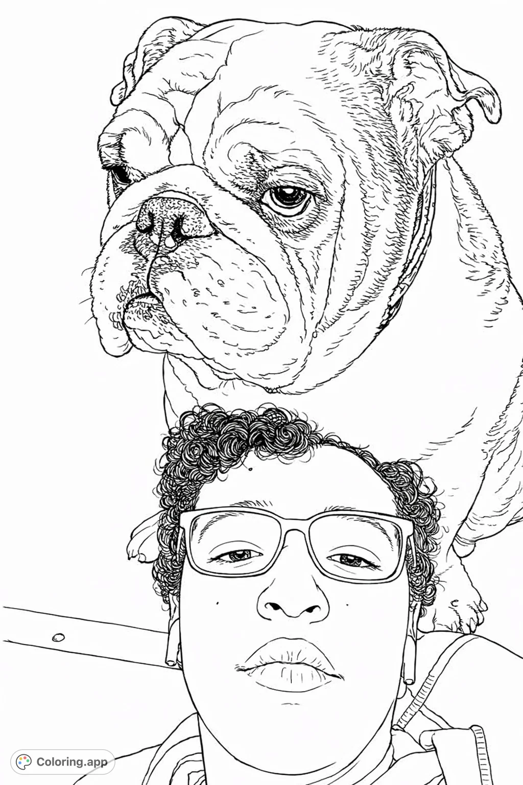 Capture a heartwarming moment with this bulldog and friend coloring page. Featuring a person with glasses and their loyal, wrinkled companion for a delightful coloring experience.