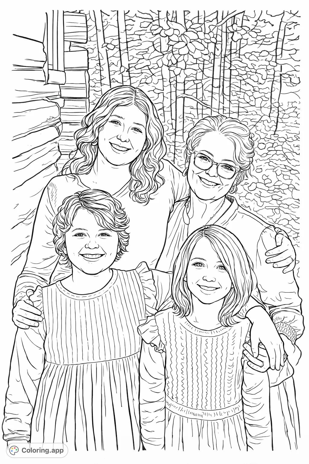 A heartwarming family portrait featuring a woman, an older girl, and two younger girls smiling happily amidst a natural, leafy setting and a rustic cabin.