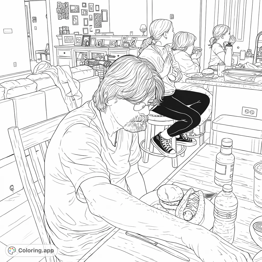 A cozy family meal scene with people enjoying food at a table and kitchen island, surrounded by home decor. Perfect for a relaxing and detailed coloring session.
