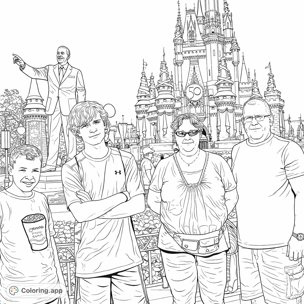 A family stands before a grand fantasy castle and an iconic statue. Features intricate architecture and lively foreground plants for engaging coloring fun.