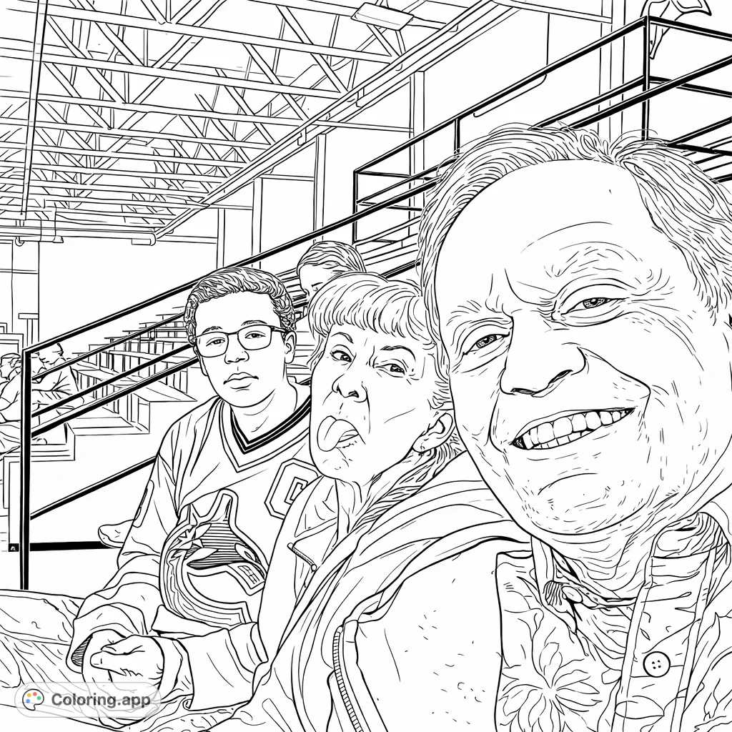 Capture a lively moment in the stands with a smiling fan, a playful individual, and a hockey jersey, set against a detailed stadium backdrop.