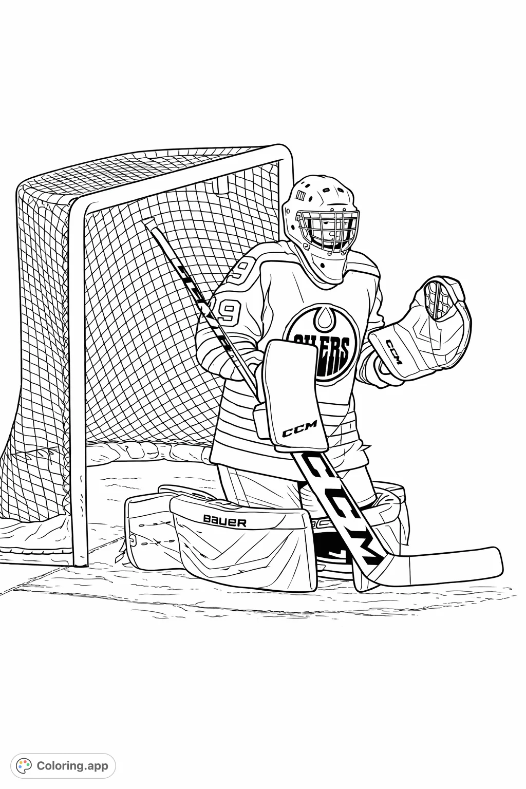 A detailed hockey goalie coloring page depicting a player in full gear, positioned in front of a goal net on the ice, ready to defend. Perfect for sports fans.