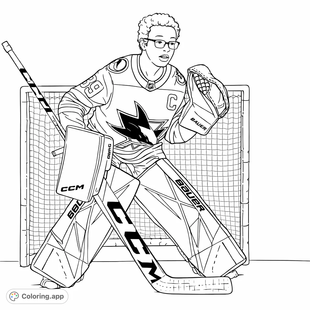 A dynamic hockey goalie in full gear, ready to defend the net. Perfect for sports fans to color, featuring detailed pads and jersey.