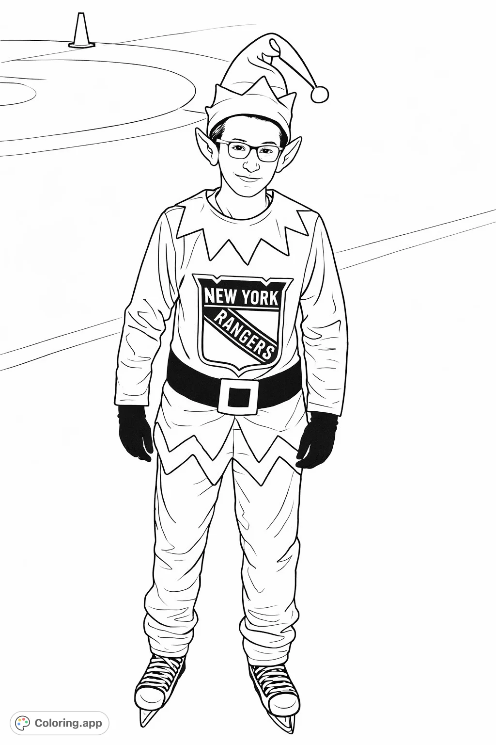 An elf-costumed person on an ice rink, ready for holiday fun. Features a pointed hat, elf ears, and a distinctive shield emblem on the tunic.