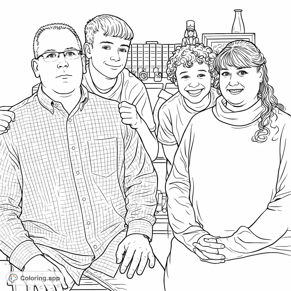 Capture a heartwarming family moment with four smiling individuals posed together. Features a plaid shirt, hoop earrings, and a background with books and decorations.