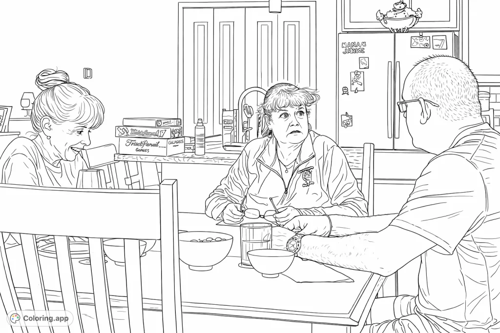 A heartwarming scene of three adults gathered around a kitchen table, engaged in conversation. Perfect for family or friendship coloring.