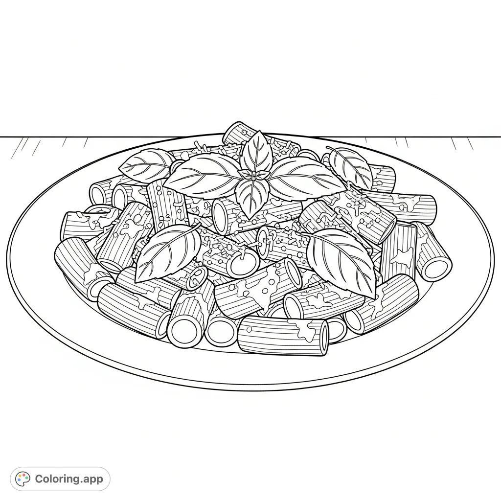 A delicious rigatoni pasta coloring page featuring a generous serving of ribbed pasta coated in sauce, topped with fresh basil and grated cheese.