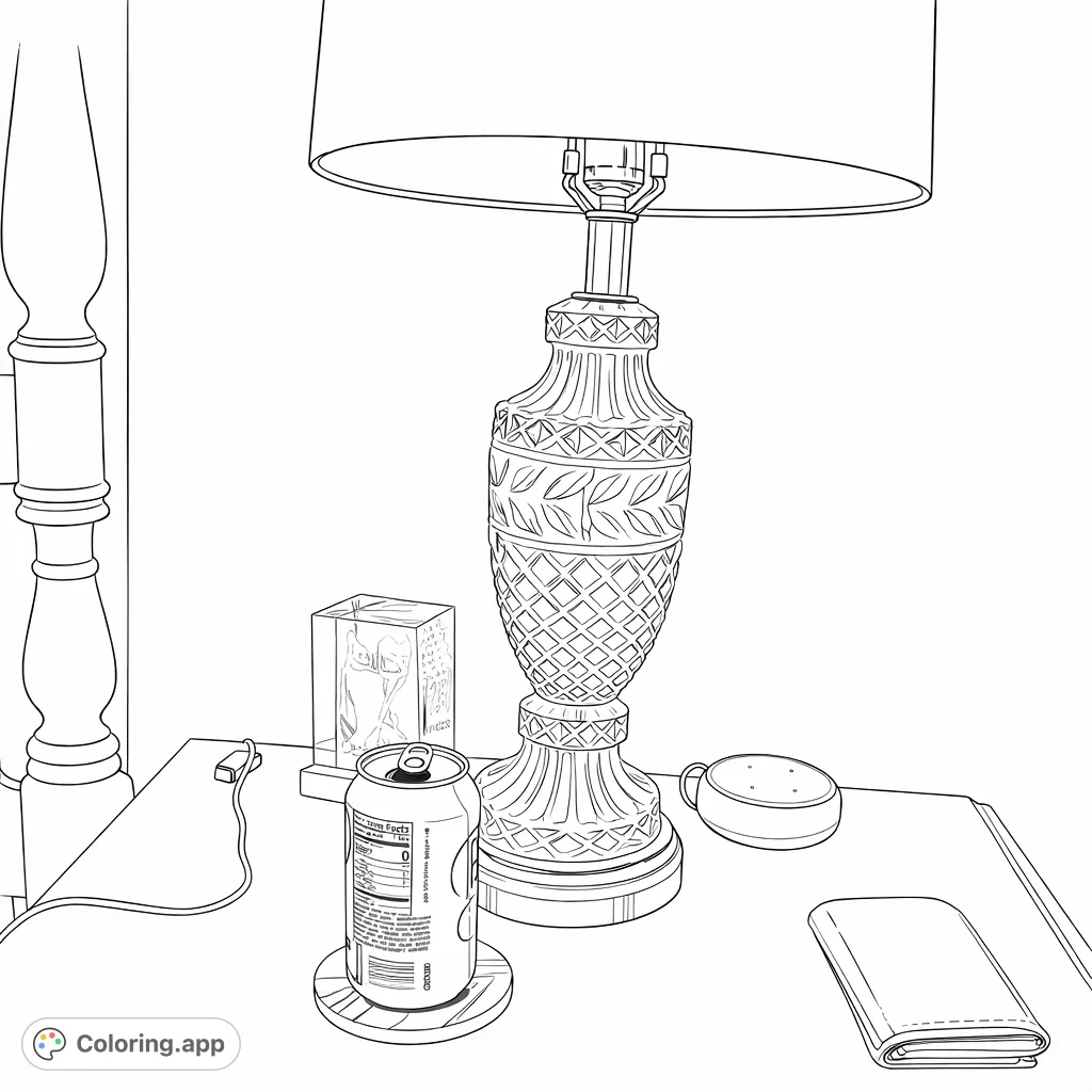 A detailed still life of a decorative lamp, beverage can, speaker, and wallet on a wooden table. Perfect for a calming, focused coloring experience.