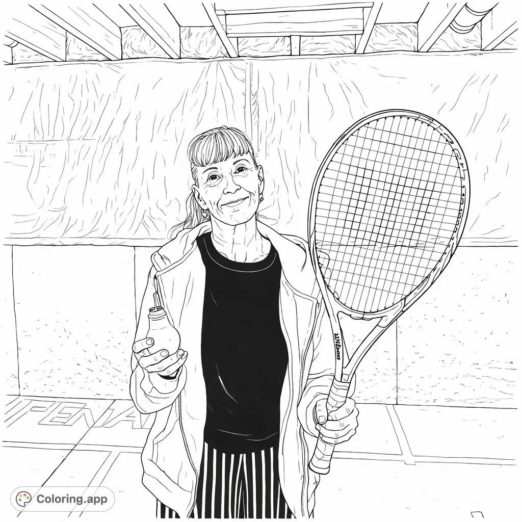 A unique coloring page featuring a woman with a tennis racket and lightbulb in an unusual indoor court. Fun for all ages!