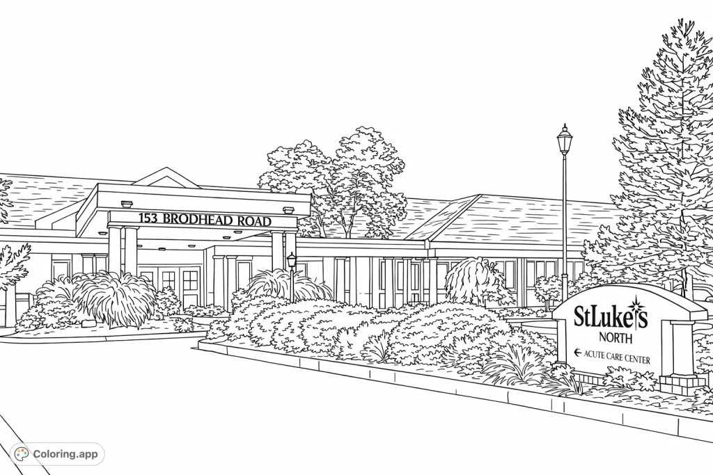 A detailed line drawing of an institutional building entrance with landscaped grounds and a prominent sign, perfect for architectural coloring.