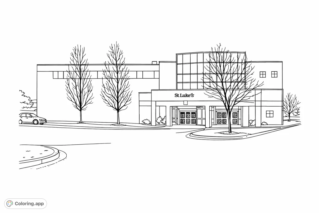 Color a contemporary building featuring a striking glass facade, surrounding bare trees, and a spacious paved area. Perfect for architecture enthusiasts.