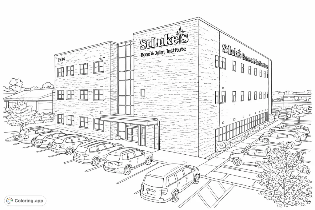 Detailed view of a modern commercial building featuring varied architectural elements and a busy parking lot. Perfect for urban architecture enthusiasts.