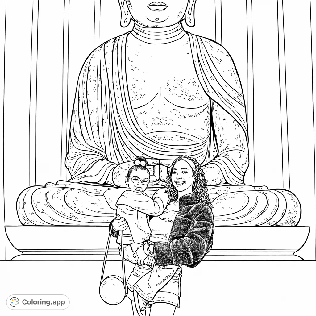 A heartwarming scene featuring a serene Buddha statue towering behind a smiling mother holding her child, offering a blend of cultural reverence and familial warmth.