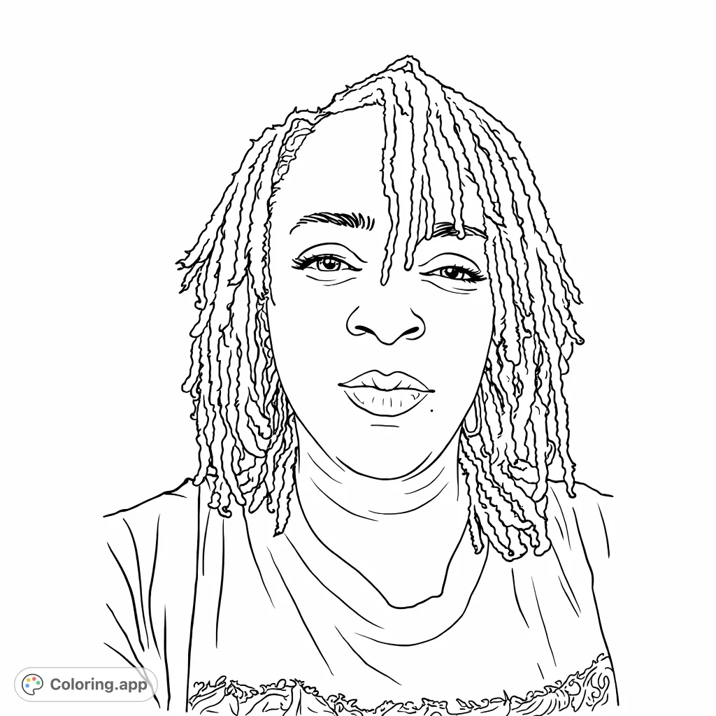An empowering portrait of a woman with stylish dreadlocks, offering a striking and detailed subject for a unique coloring experience. Perfect for expressing individuality.