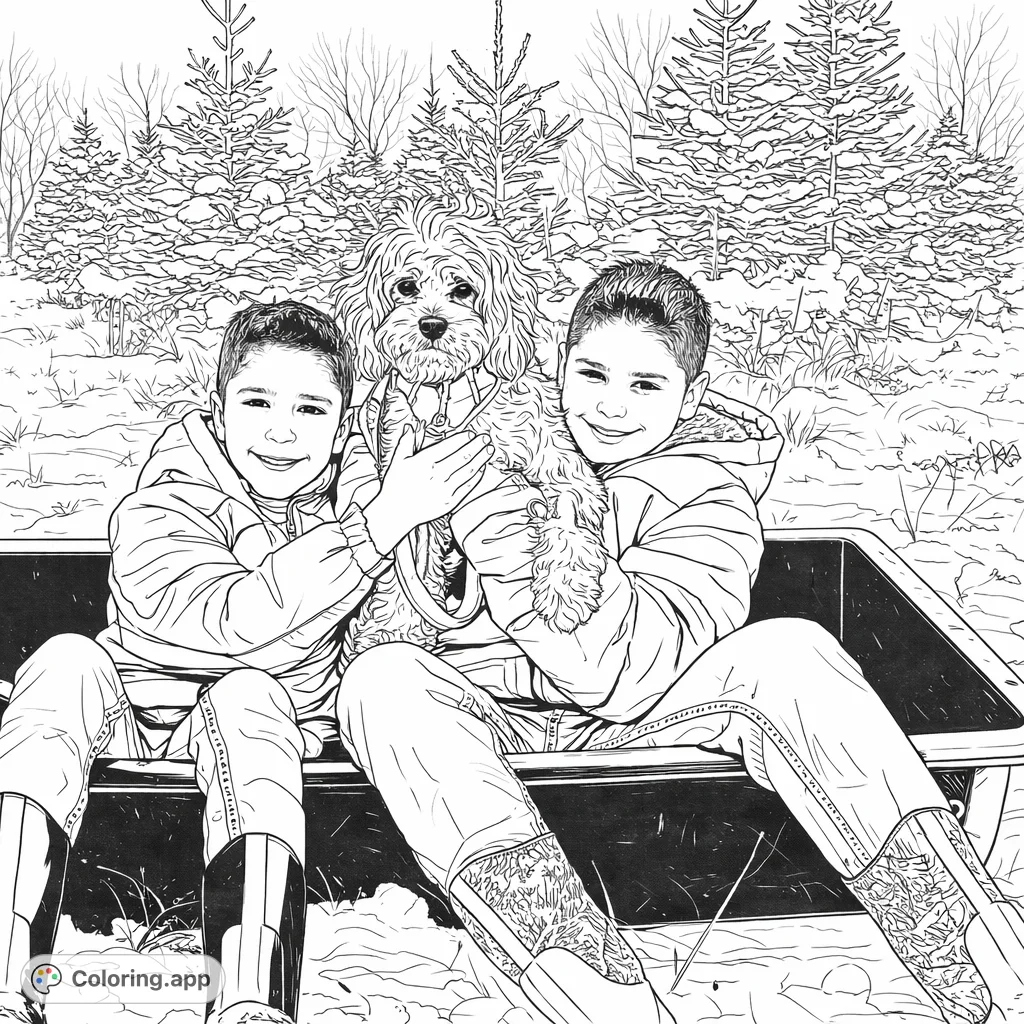 Join two happy boys and their adorable fluffy puppy on a snowy sled adventure among winter trees. A heartwarming scene perfect for a cozy coloring experience.