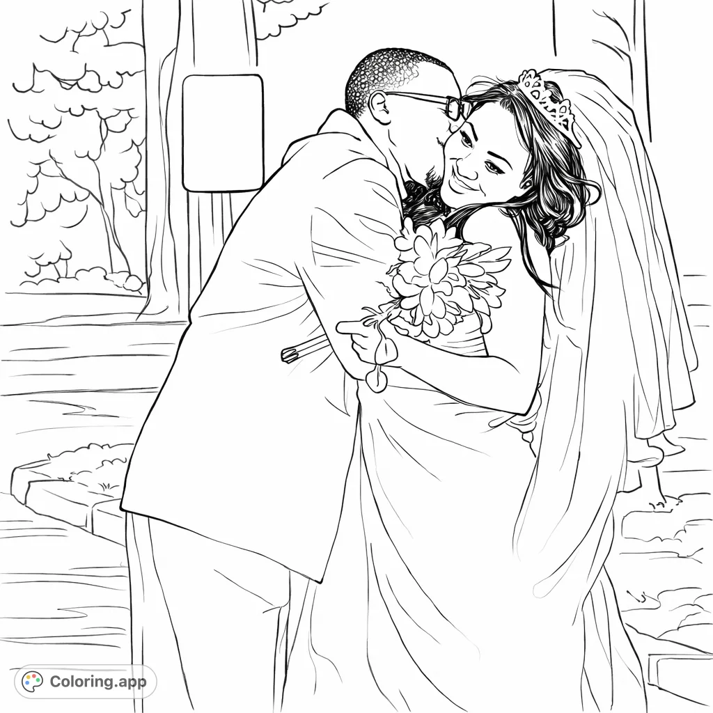 Capture a tender wedding moment with this free printable coloring page featuring a loving groom kissing his bride, complete with dress, veil, and bouquet.