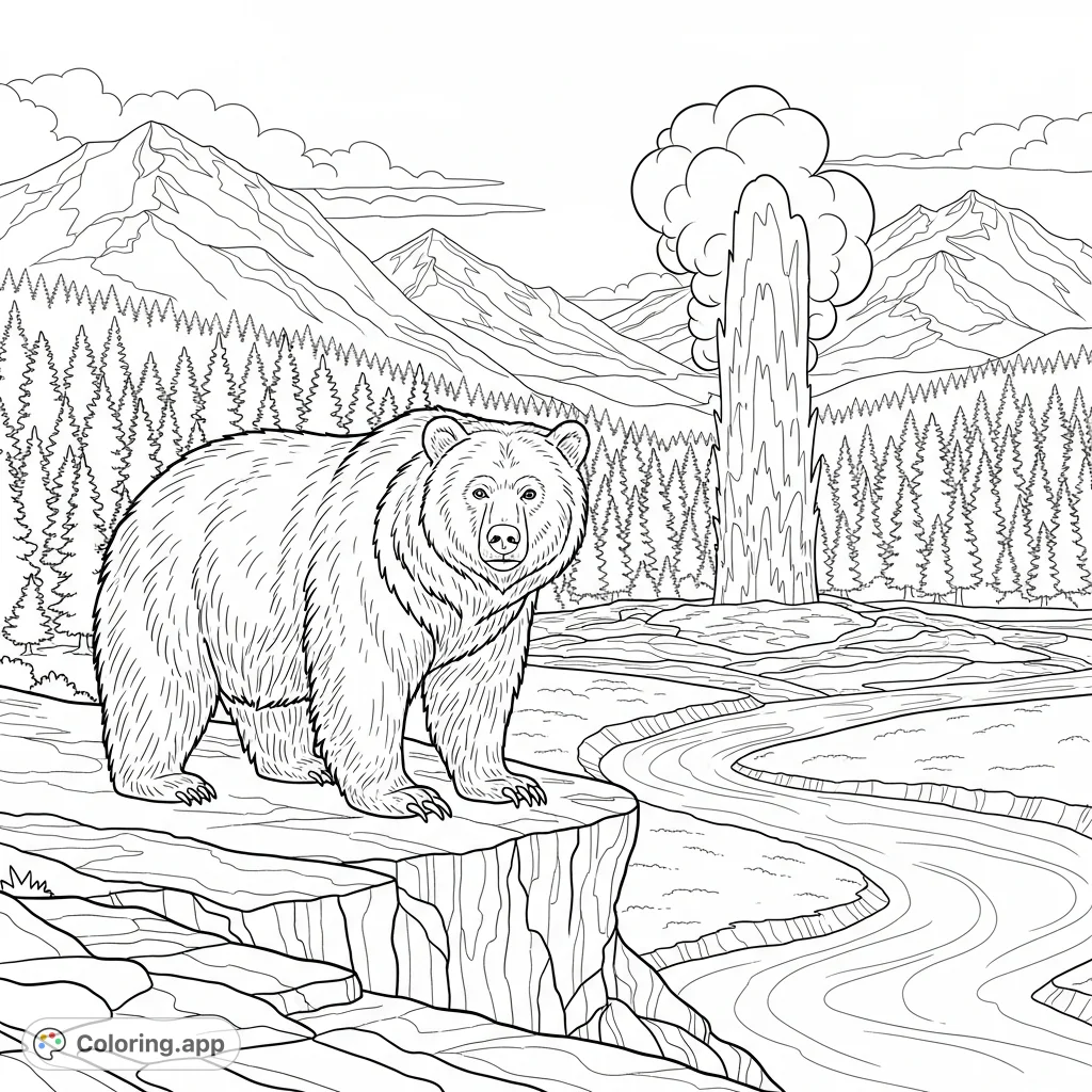 A powerful grizzly bear overlooks the iconic Yellowstone landscape, featuring an erupting geyser, dense pine trees, and majestic snow-capped mountains. A captivating nature scene.