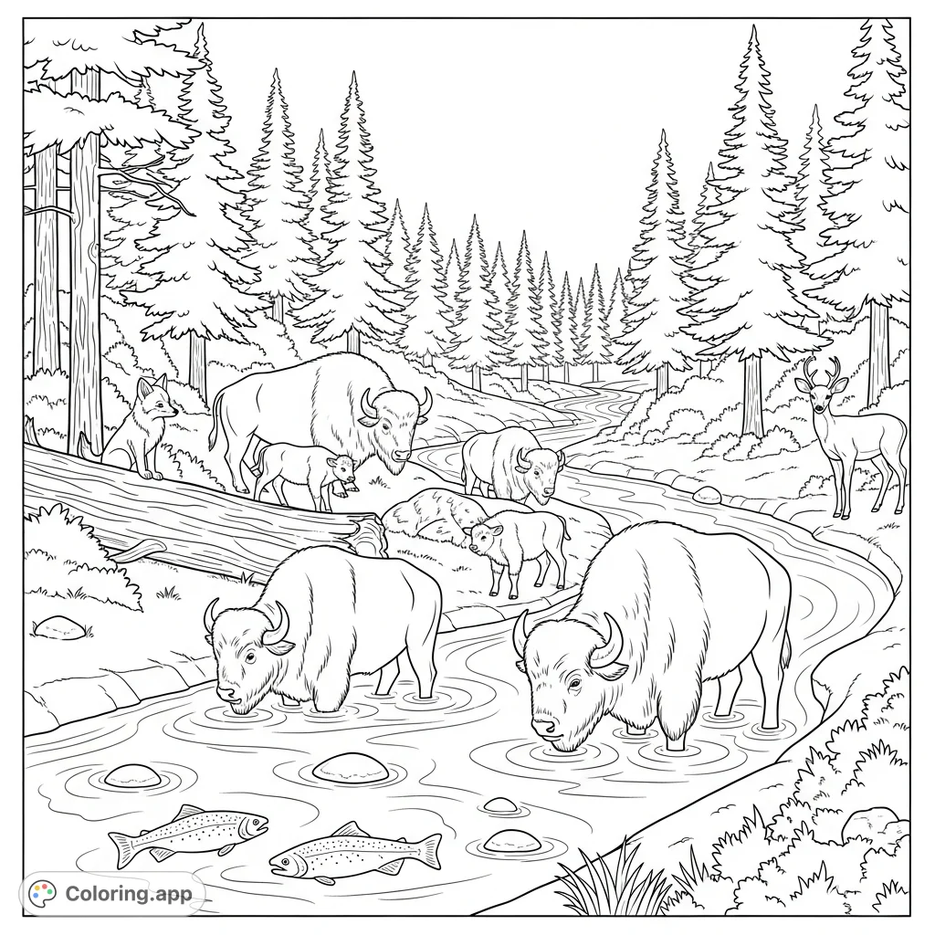 Explore a serene riverbank teeming with wildlife! A herd of buffalo graze, calves huddle close, while a fox and deer observe from the dense pine forest.