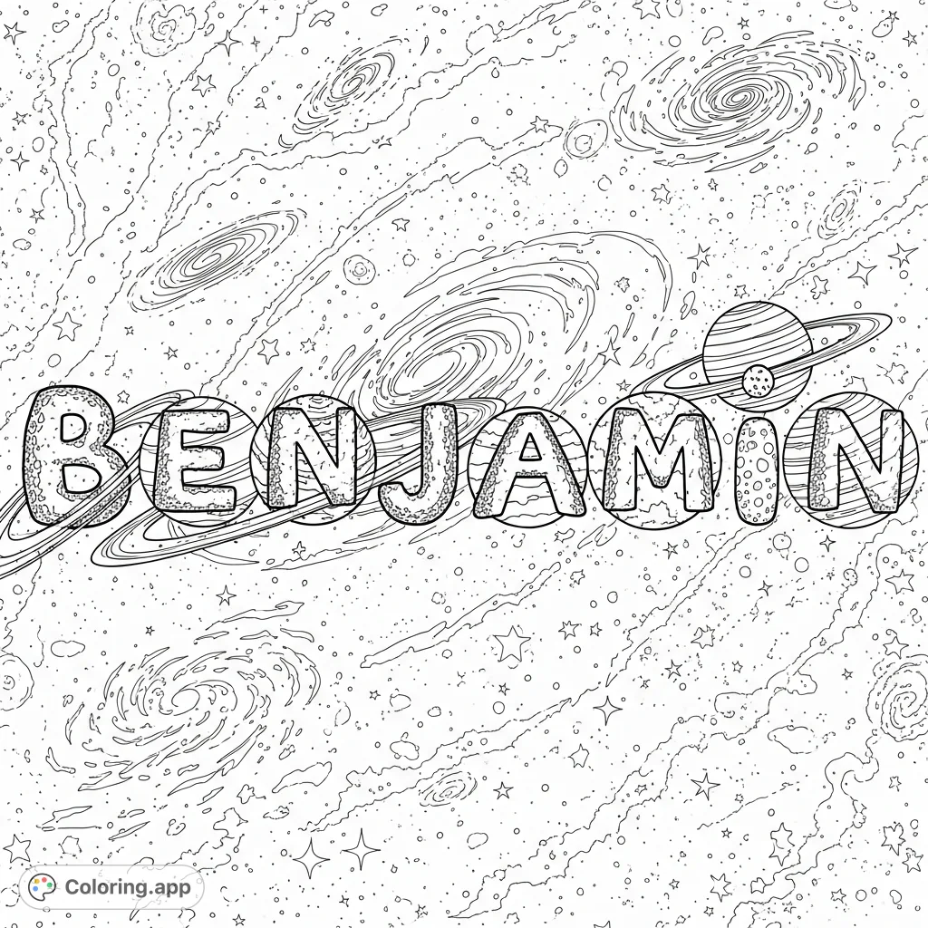 Explore the cosmos with this unique Benjamin galaxy coloring page! Planets form the name amidst swirling nebulae and countless stars, perfect for personalized art.