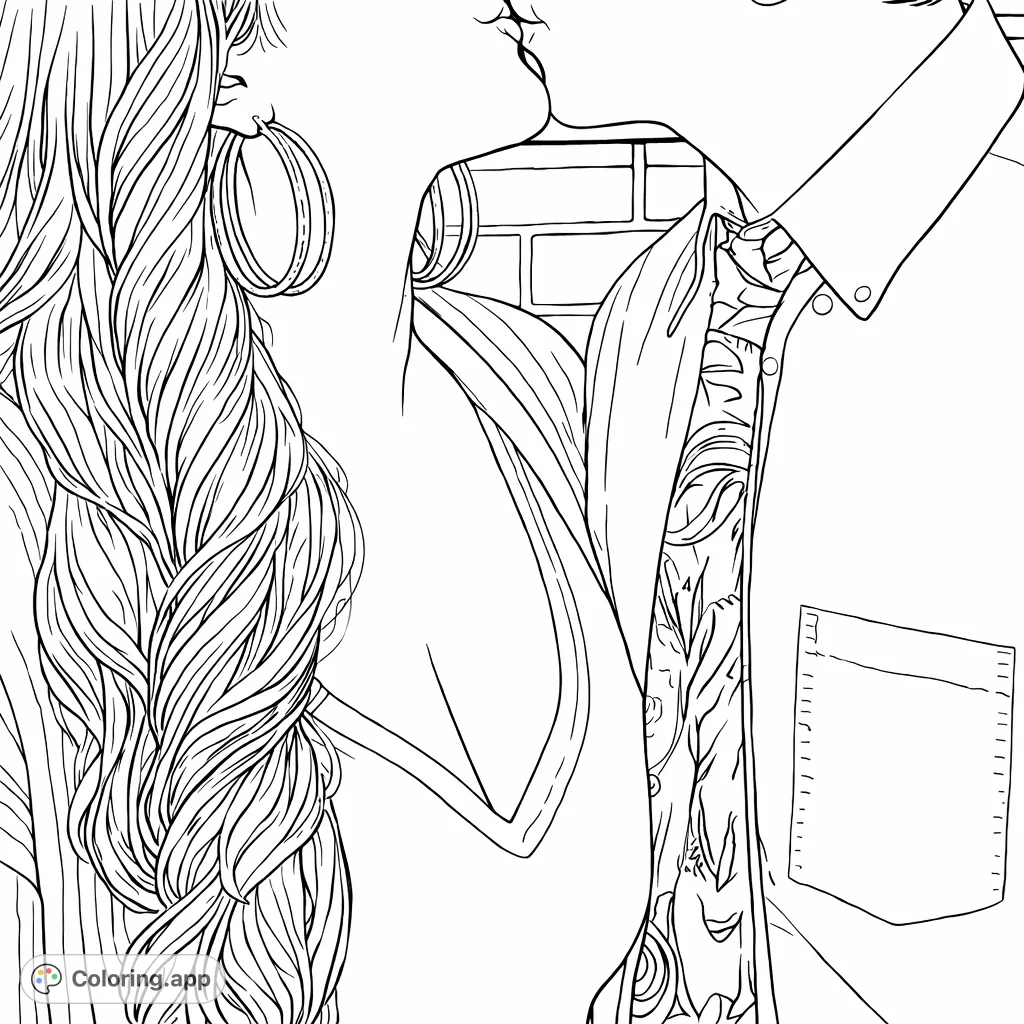 An intimate moment captured, featuring a couple in a tender kiss. Perfect for expressing affection and creative coloring.