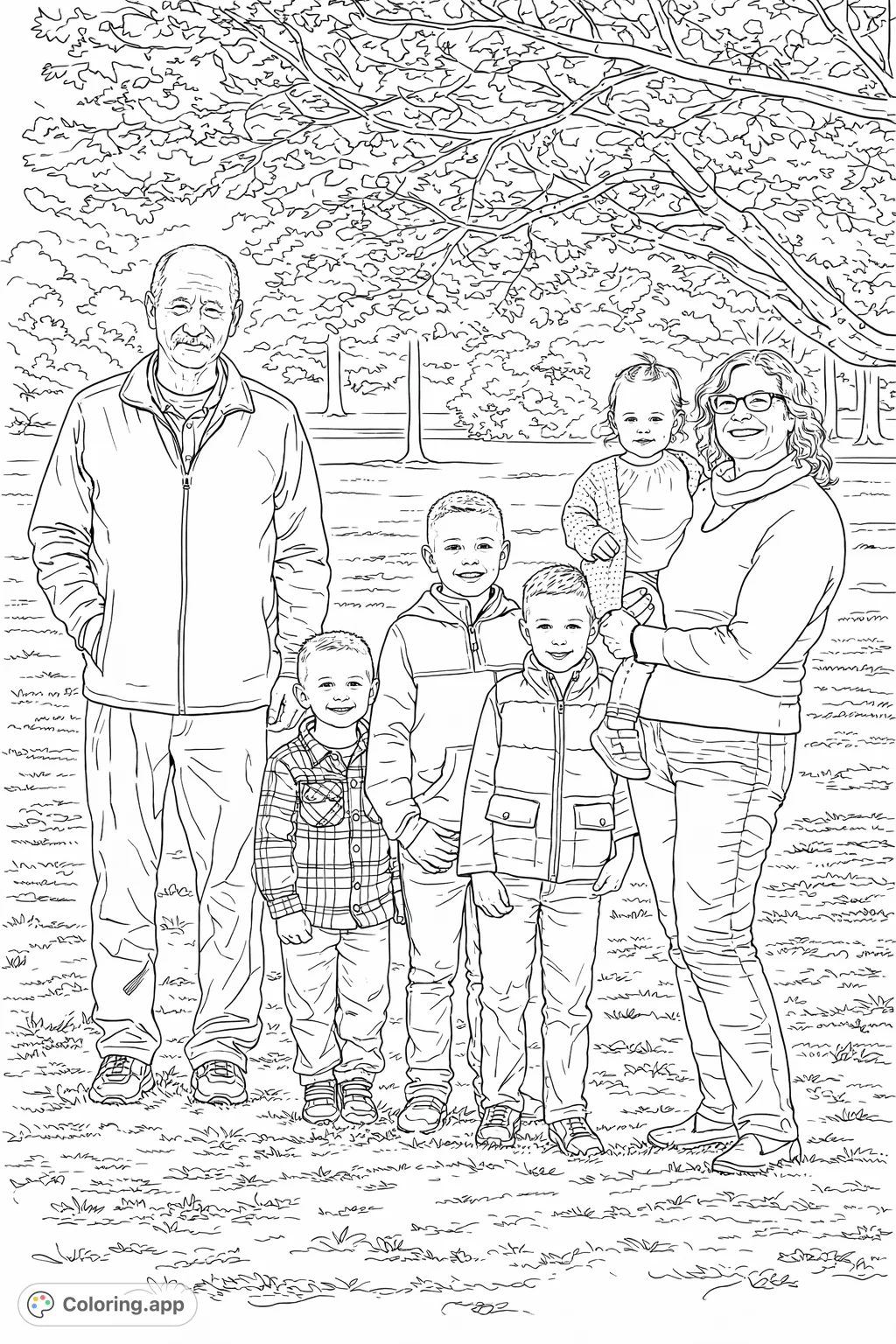 A heartwarming family gathering in a park, featuring two adults and four cheerful children amidst trees and grass. Perfect for family-themed coloring.