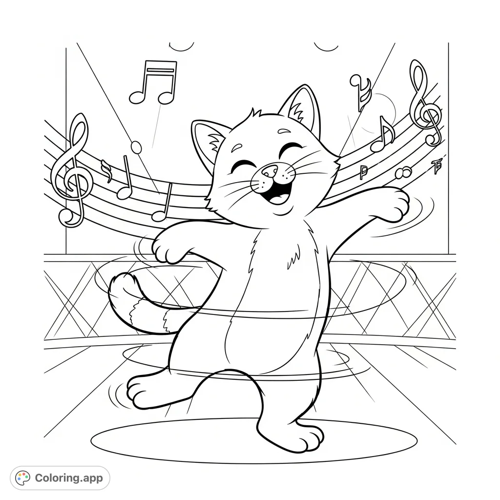A cheerful cat smiles broadly, dancing energetically amidst musical notes. A delightful scene for a fun and engaging coloring experience.