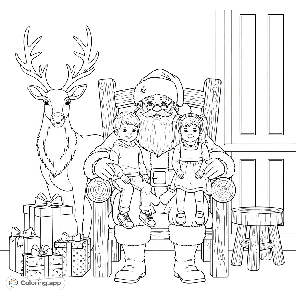 Capture a heartwarming festive scene featuring a jolly figure with two smiling children on his lap, surrounded by a reindeer and wrapped gifts. Perfect for holiday cheer!