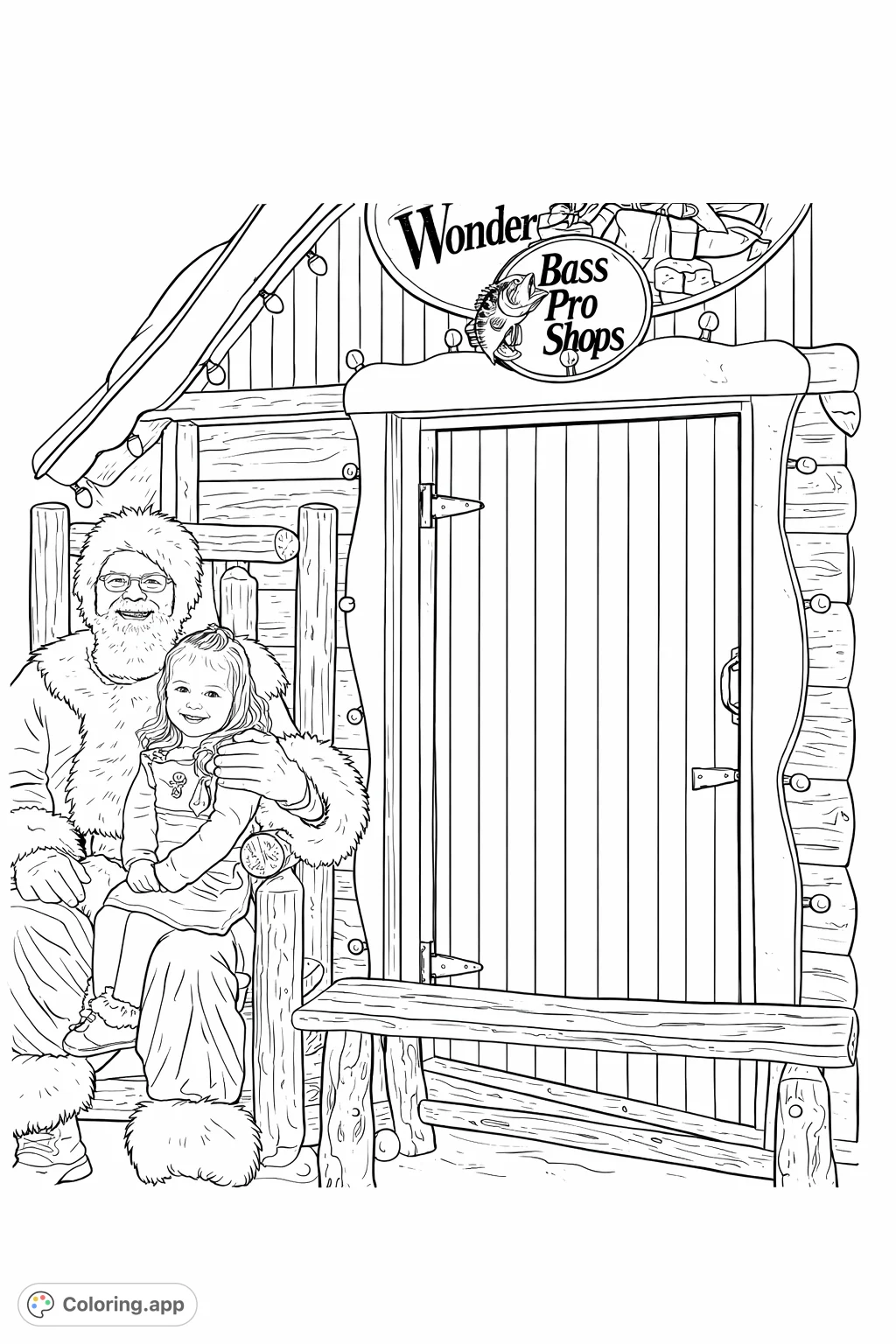 A delightful festive scene featuring Santa Claus with a smiling child on his lap, set against a cozy cabin background with twinkling lights and a rustic bench.