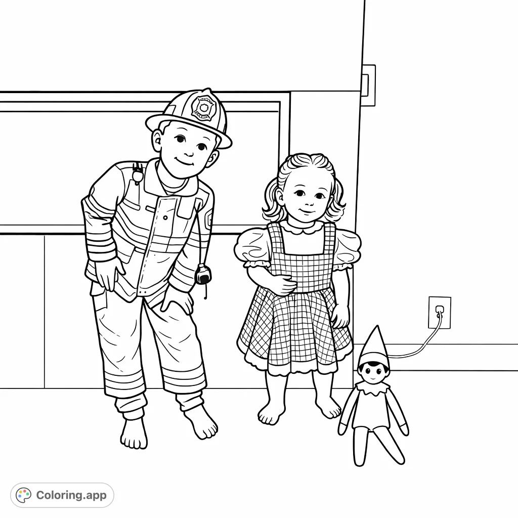 A delightful coloring page featuring a boy in a firefighter costume, a girl in a checkered dress, and an elf doll. Perfect for imaginative play and creative fun!