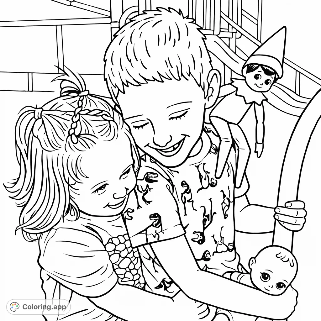 Two smiling children share a warm hug, surrounded by their favorite toys, including an elf and a baby doll. A heartwarming scene of sibling affection.