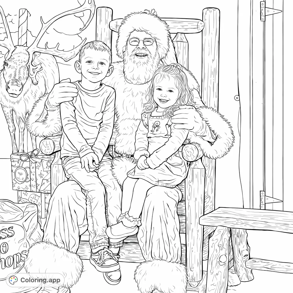 Capture the festive joy of two children meeting Santa. This detailed Christmas coloring page features Santa, happy children, a reindeer, and wrapped gifts.