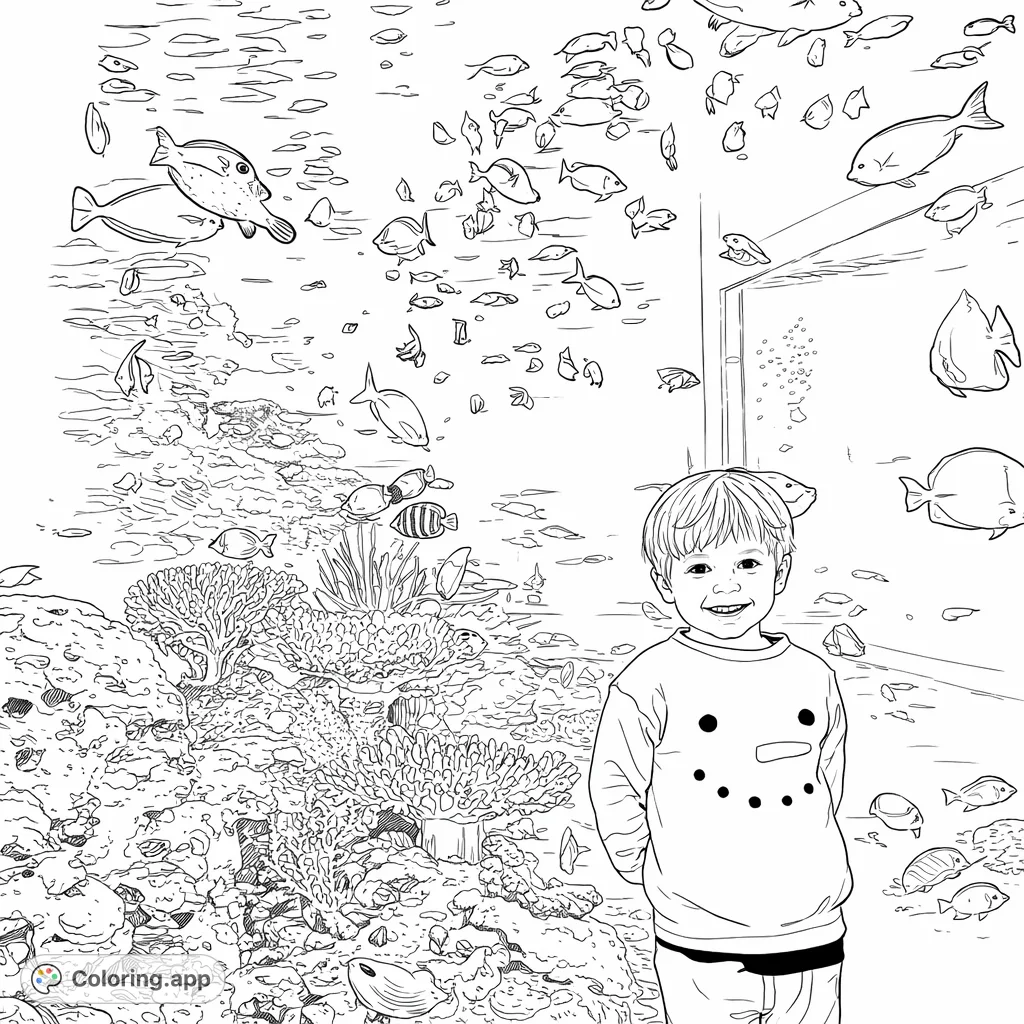 Explore an exciting underwater world with a smiling child at a grand aquarium, filled with diverse fish and intricate coral. Dive into creativity!