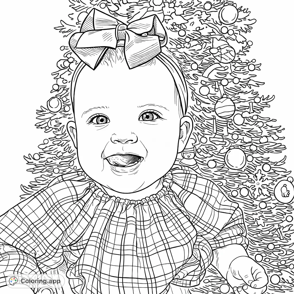 A delightful baby in a plaid outfit and bow smiles happily in front of a decorated holiday tree, ready for festive coloring fun. Perfect for the season!