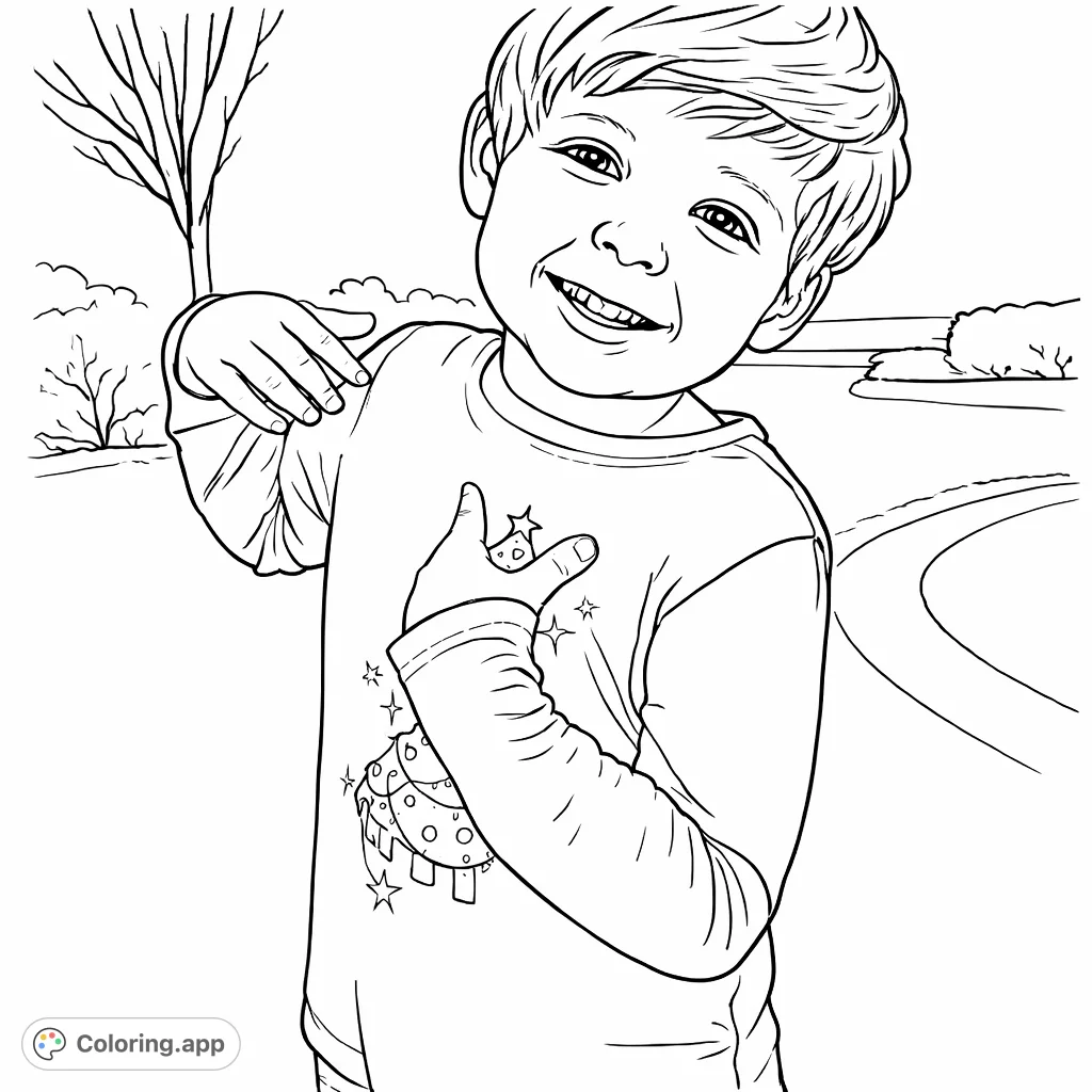 A cheerful boy points to his festive shirt, featuring a whimsical tree design, set against an outdoor backdrop. Perfect for holiday coloring fun!
