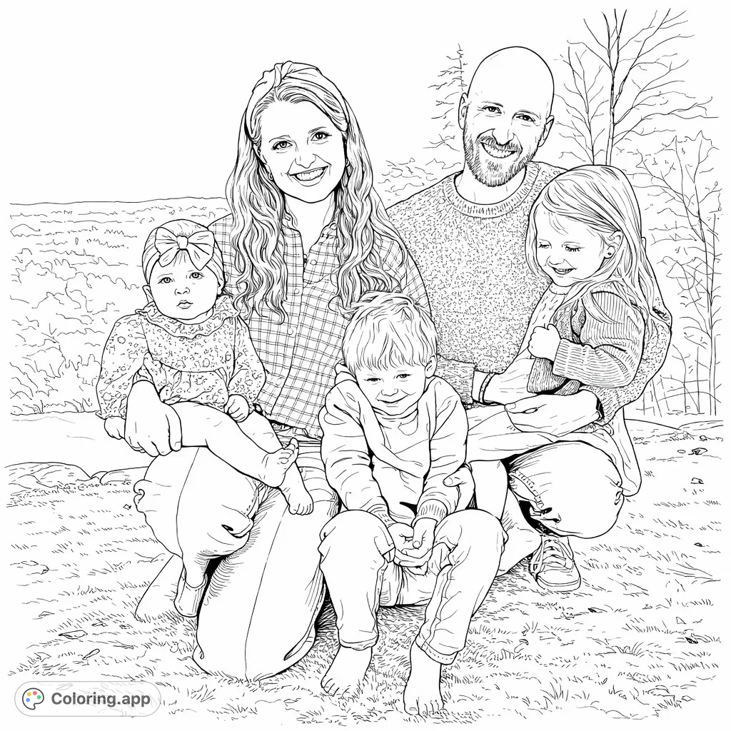 A heartwarming family coloring page featuring two adults and three children smiling together outdoors. Perfect for celebrating family bonds and creating cherished memories.