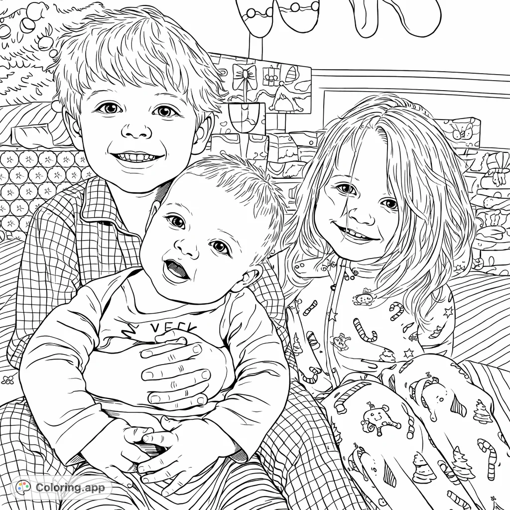 A heartwarming holiday scene with three smiling siblings in festive pajamas, surrounded by gifts and decorations. Perfect for joyful coloring!
