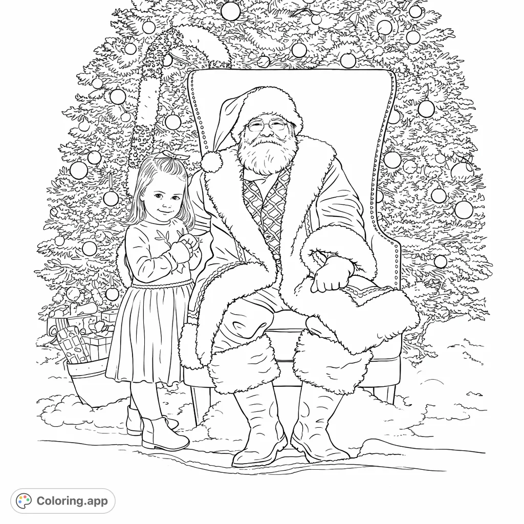 A heartwarming Christmas scene featuring a jolly Santa Claus seated in his armchair with a delightful little girl standing beside him, set against a festive tree backdrop.