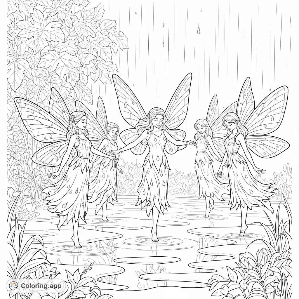 Discover a magical fantasy coloring page featuring delicate fairies dancing gracefully amidst a gentle rain shower. Perfect for a whimsical coloring adventure.