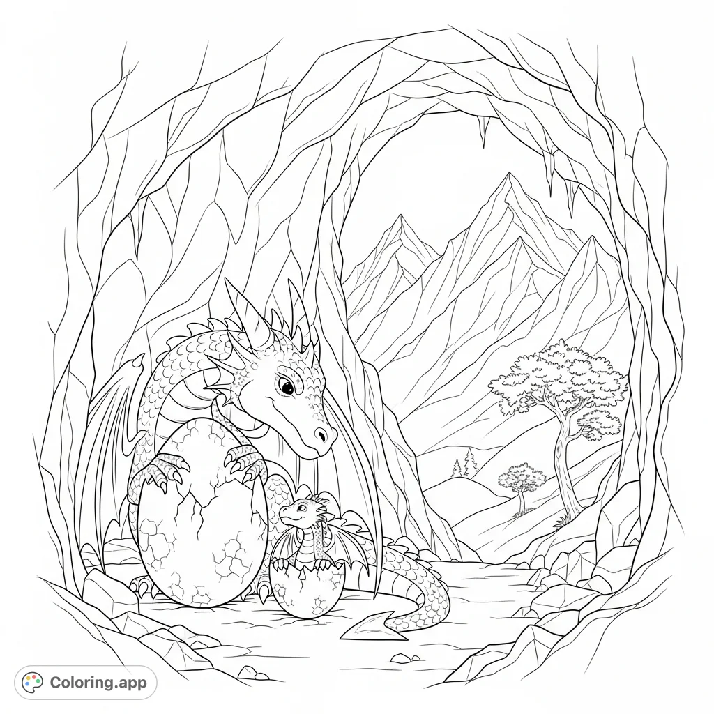 A fantasy dragon coloring page featuring a protective parent dragon and its newly hatched baby in a rugged mountain cave, with peaks in the background.