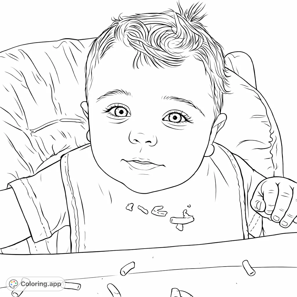 A charming baby coloring page captures a sweet infant in a high chair, ready for mealtime fun! Perfect for a joyful and adorable coloring experience.