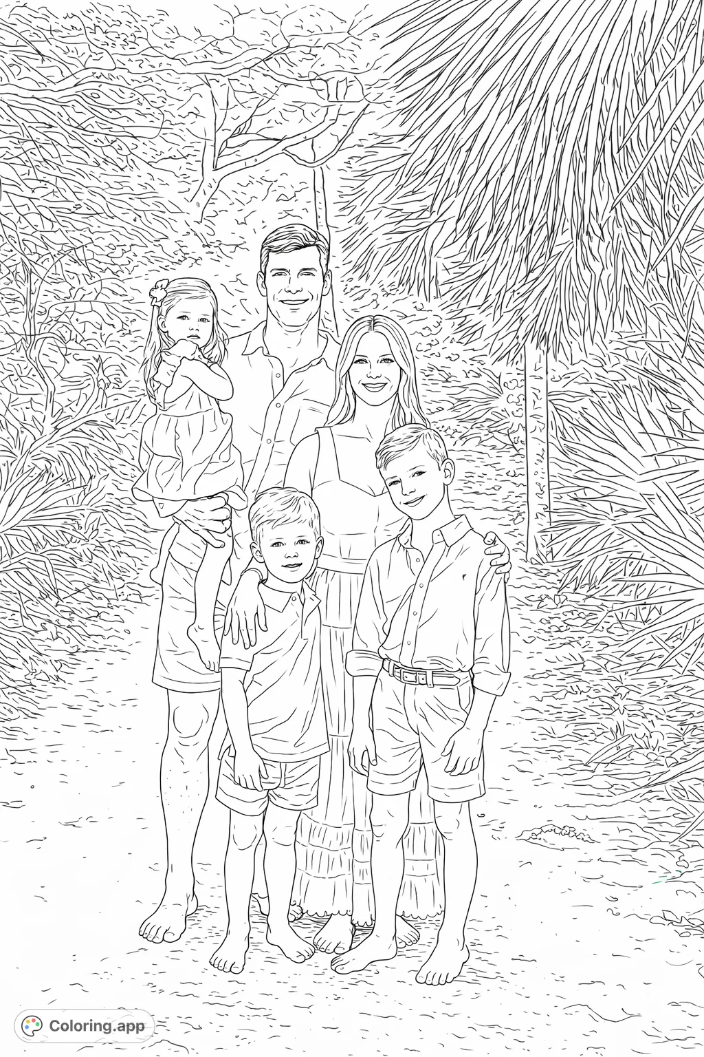 A charming family portrait coloring page featuring a family of five standing barefoot on a natural pathway, surrounded by lush foliage.