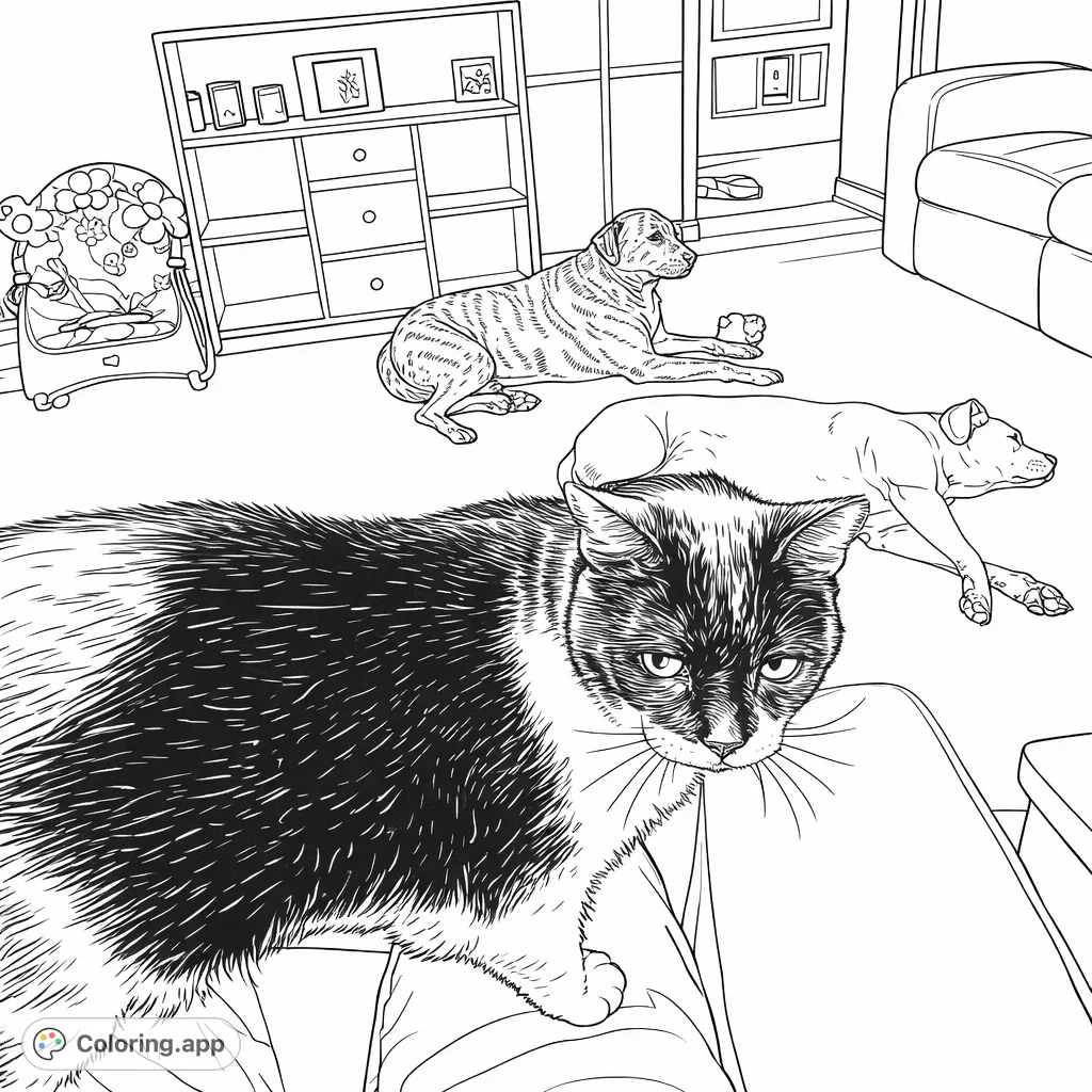 A heartwarming coloring page featuring a prominent cat on a lap, with two dogs resting nearby, all in a cozy home setting. Perfect for pet lovers.