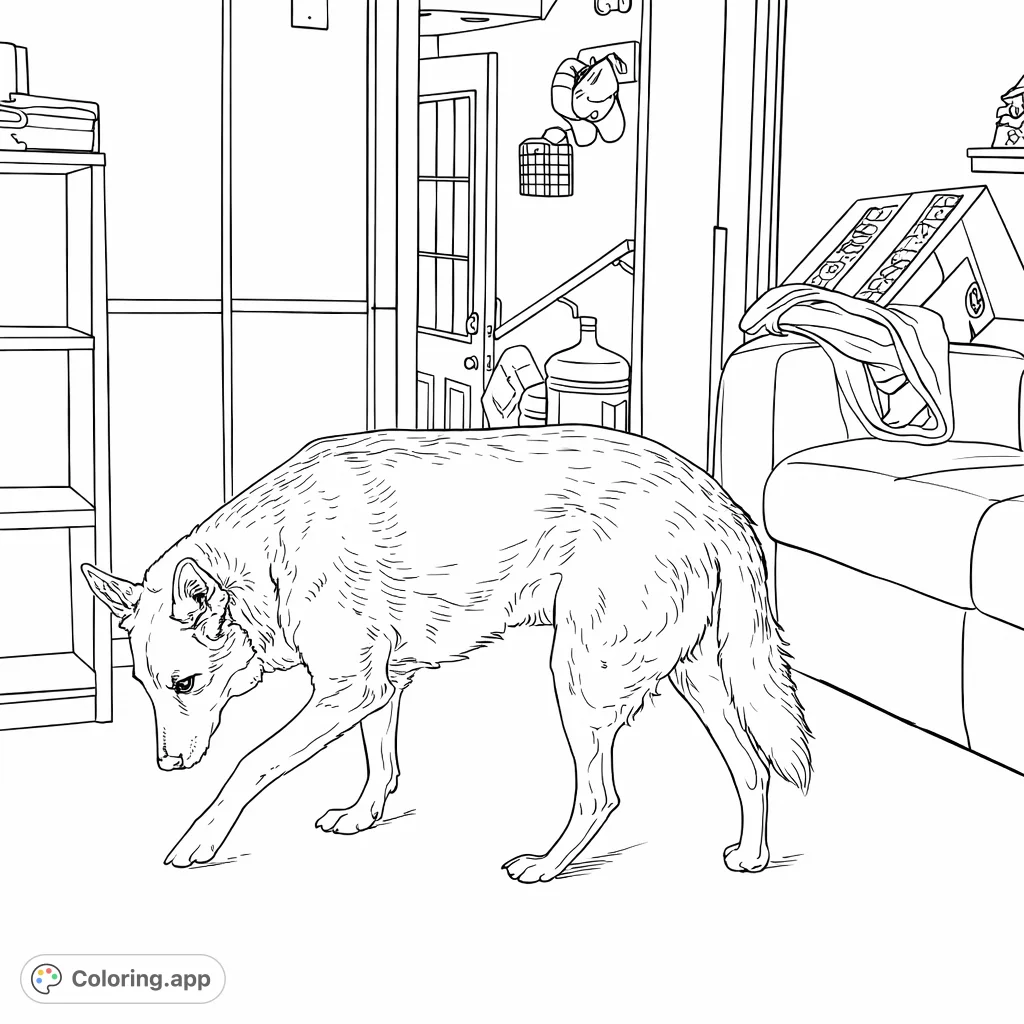 A curious dog explores a cozy home, sniffing the floor near a bookshelf and couch. Perfect for animal lovers and those who enjoy domestic scenes.