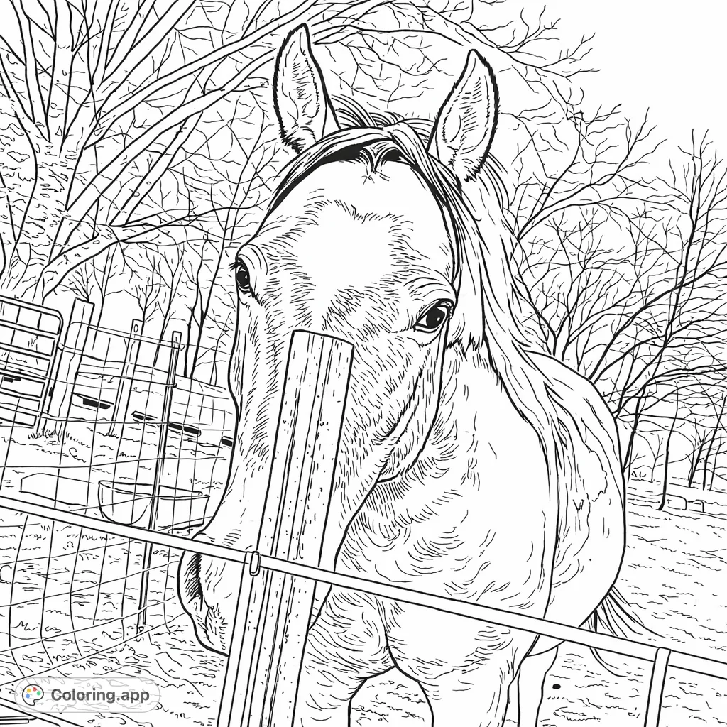A friendly horse peers through a rustic fence, a prominent marking on its forehead and a flowing mane. Perfect for horse and animal lovers.